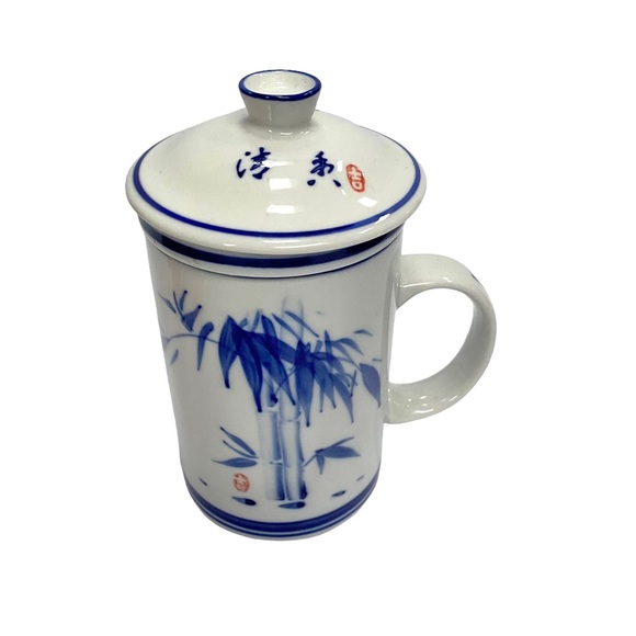 World Market 3 Pc Tea Cup Mug Strainer Lid Set Blue White Ceramic China - EUC - Picture 7 of 13